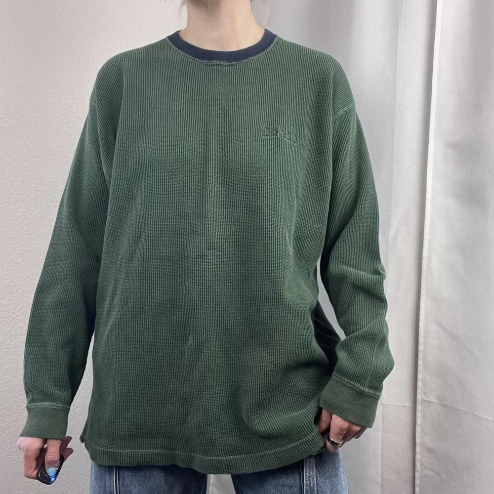 Vintage‎ Y2K Chaps Ralph Lauren Sweater Large Green Waffle Knit Thermal Grunge